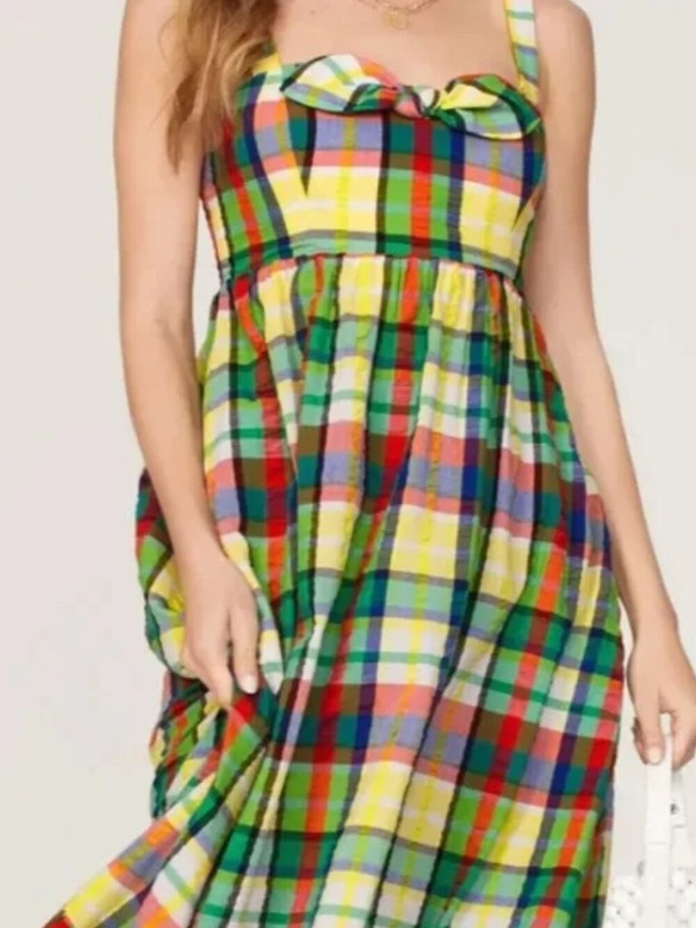 Kate Spade Coastal Plaid Bow Maxi Dress Seersucker Corset top Sundress Midi 6 - Picture 9 of 12